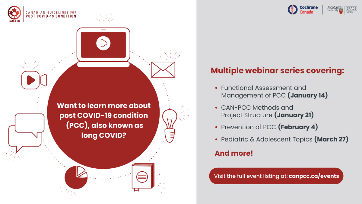 CochraneCanada's tweet photo. Want to learn more about post COVID-19 condition (PCC, long COVID)? Join us for a series of webinars covering everything from prevention to pediatric and adolescent topics. Register and learn more: https://t.co/y0mSNgvWga
 #LongCOVID #PostCOVID #HealthWebinar https://t.co/lx5uTzwdE2