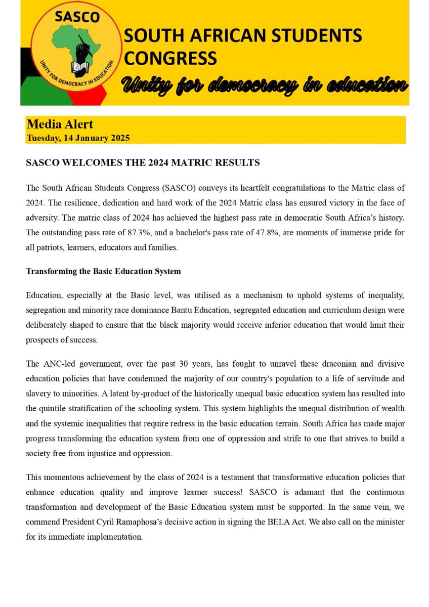 SascoNational's tweet photo. SASCO WELCOMES THE 2024 MATRIC RESULTS
π€ππβ€οΈ
#sasco34
#rtlc2025
#SASCOyabafundi https://t.co/v81F3KDgjl