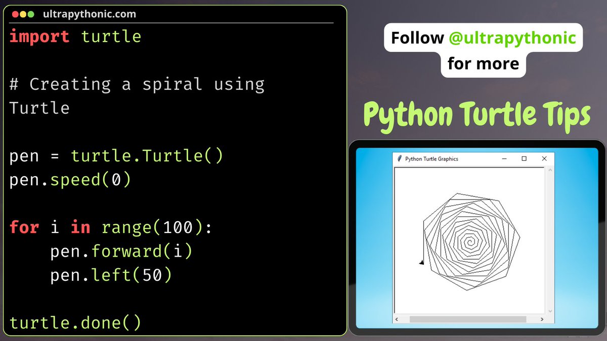 ultrapythonic's tweet image. Learn To Create Spiral using Python Turtle
#programming #ultrapythonic #pythonprogramming #developer #programmer #softwaredeveloper #computerscience #ai #ml #machinelearning #DataScience #SoftwareDevelopment #DevOps #100DaysOfCode #Python