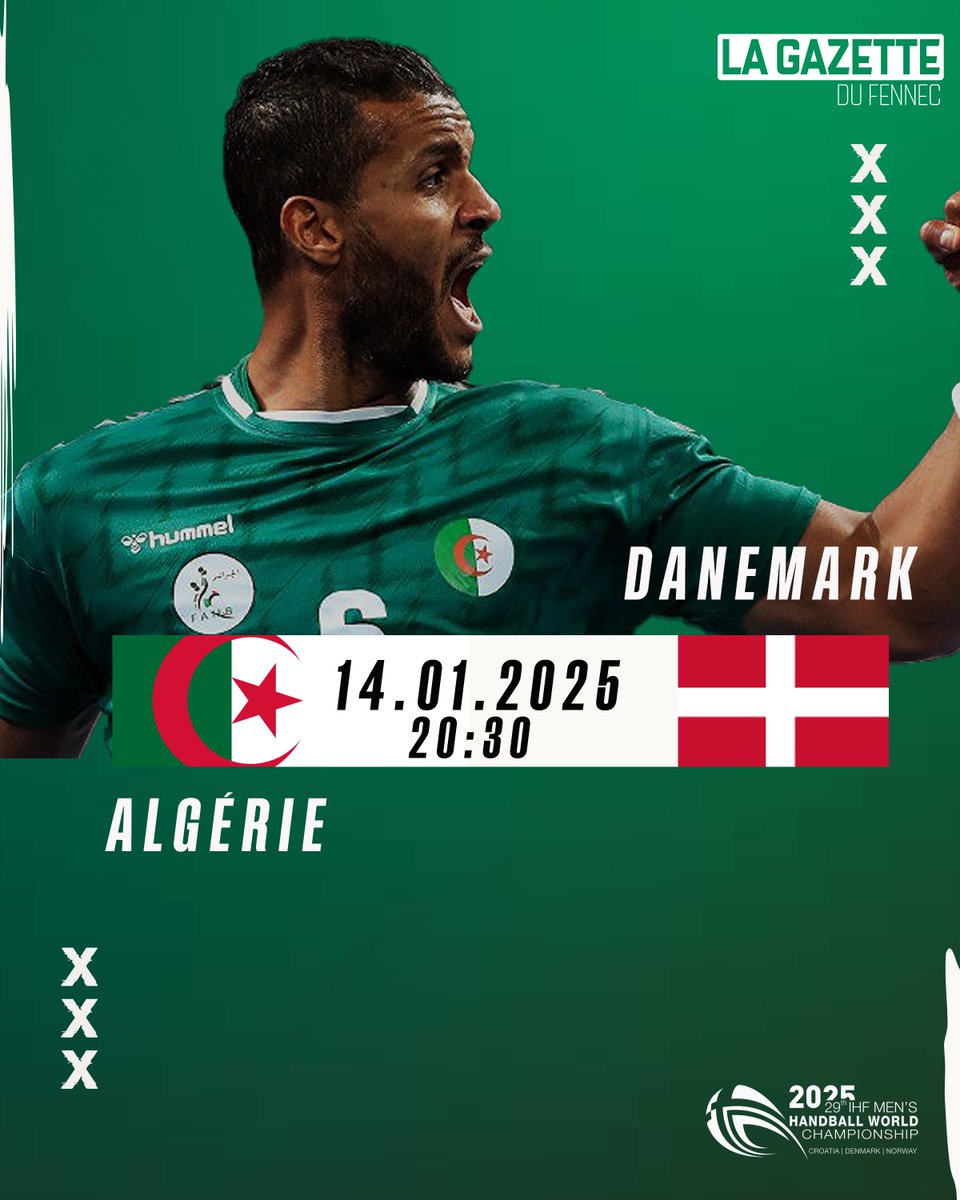 Aujourd'hui à 20h30, l'Algérie affronte le Danemark lors du match d'ouverture du Coupe du Monde de handball 2025.

En tant que fondateur du projet "Foot Fauteuil en Algérie", je souhaite bonne chance à notre équipe de handball !🤾🇩🇿

On espère une équipe de FF <a href="/walidsadioffic/">صادي وليد</a> ❤️