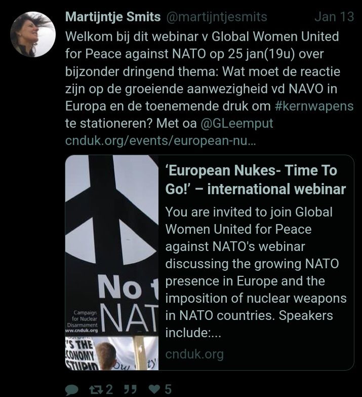 vatniksoep_nl's tweet photo. 1. De maskers zijn definitief afgevallen voor zover dat nog niet duidelijk was bij De Nieuwe Vredesbeweging. Het is clubje dat anti NATO is en haar vredesnarratieven daarvoor inzet. Zie hier @martijntjesmits die het ruiterlijk toegeeft. https://t.co/cnvjRwFJCv