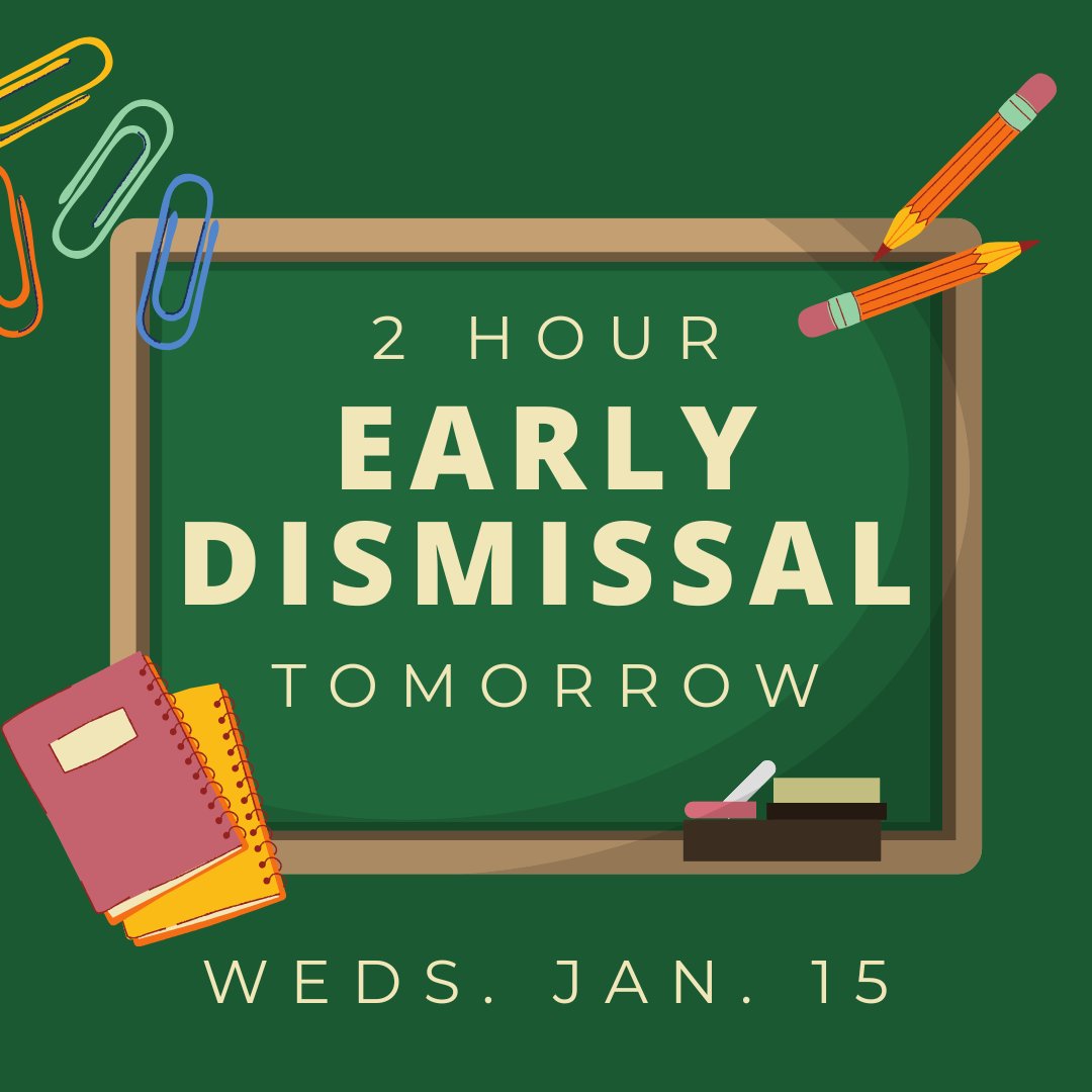 MatthewHensonMS's tweet photo. Tomorrow, Wednesday, January 15 is an early dismissal.  Students are dismissed at 1:00. https://t.co/Qp3OOJIH6s
