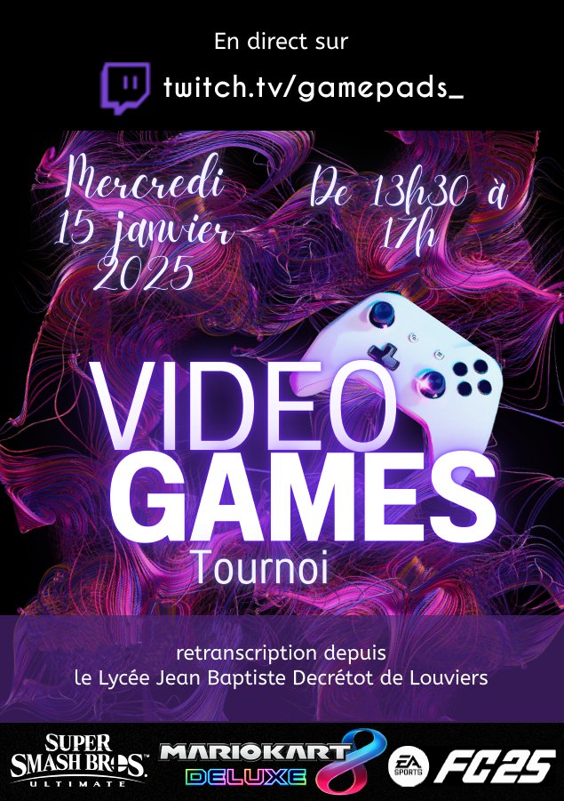 Demain on se retrouve sur Twitch pour retranscription des tournois qui se dérouleront au Lycée Decrétot de Louviers. Organisés par les 1ères Métiers du Commerce et de la Vente et commentés par les élèves !
➡️ twitch.tv/gamepads_
🕰️ 15/01 : 13h30 à 17h
🎮 SSBU, MK8, EA FC 25