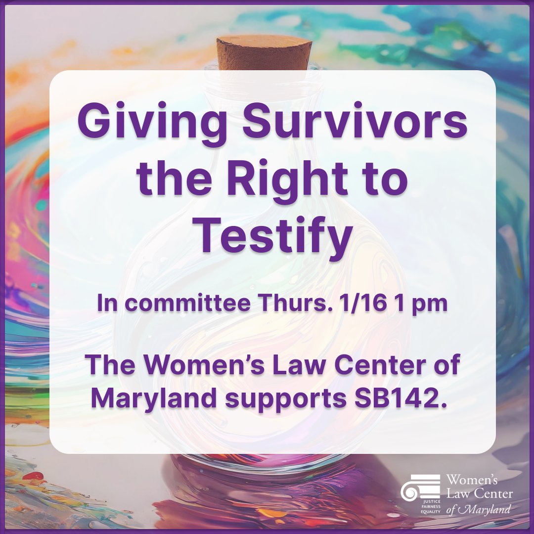 Women's Law Center (@wlcmd) on Twitter photo 💬 Support SB142: Give survivors the right to testify! 🕛 Hearing 1/16 @ 1 PM.
⚖️ Mission: Access to justice, physical safety.
✊ Survivors deserve a voice in court!
Email JPR urging a favorable vote! <a href="/MNADV/">MDNetworkAgainstDV</a>
🔗 conta.cc/3Pz4m0k 💬 Support SB142: Give survivors the right to testify! 🕛 Hearing 1/16 @ 1 PM.
⚖️ Mission: Access to justice, physical safety.
✊ Survivors deserve a voice in court!
Email JPR urging a favorable vote! <a href="/MNADV/">MDNetworkAgainstDV</a>
🔗 conta.cc/3Pz4m0k