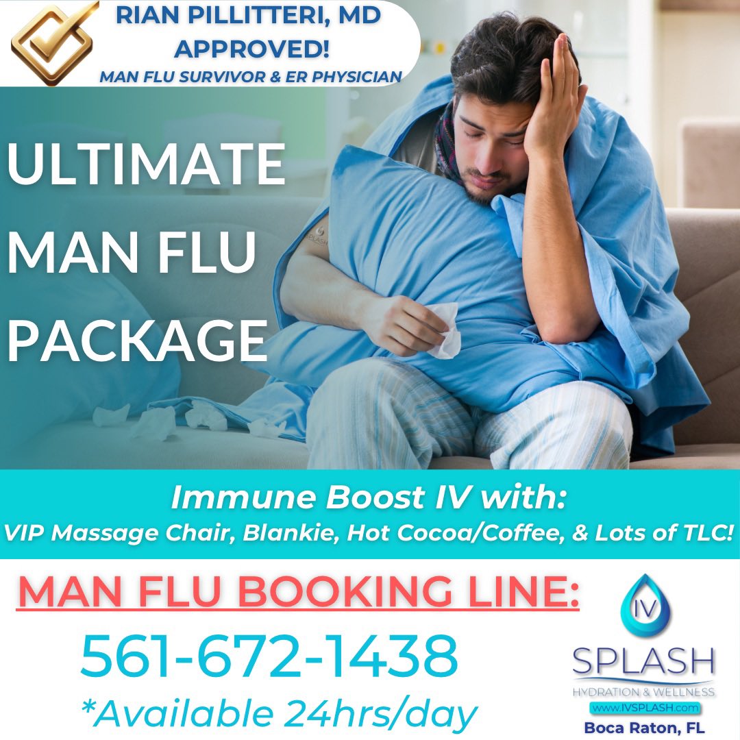IVSplashBoca's tweet photo. Attention all South FL community members! We're committed to helping you rise above the severe “Man-Flu” pandemic and have a solution to offer! Our ER MD owner and operator, a “Man-Flu” survivor, can attest that our IV immune boost is VERY effective! https://t.co/246mz0RcP9