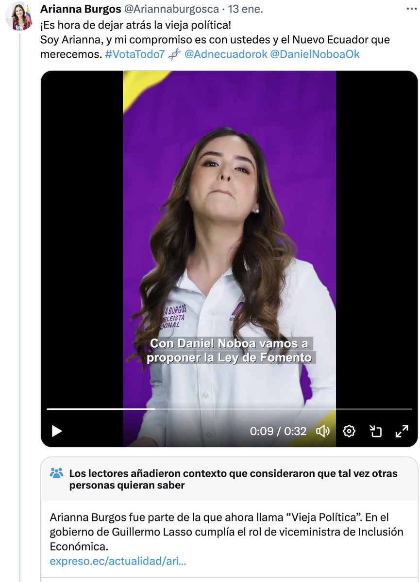 cubalondra's tweet photo. Gente, ¿vieron esto? 
Ayyy, estaría muerta de vergüenza. Las camiseteras de ADN apelando a la "memoria corta" de los ciudadanos sin darse cuenta que eso es un mito, que la gente no olvida. 
En las notas de la comunidad de X se lo hicieron saber.

Esto confirma lo que me decía un analista: Noboa no tiene partido, todo lo ha comprado, están por interés.