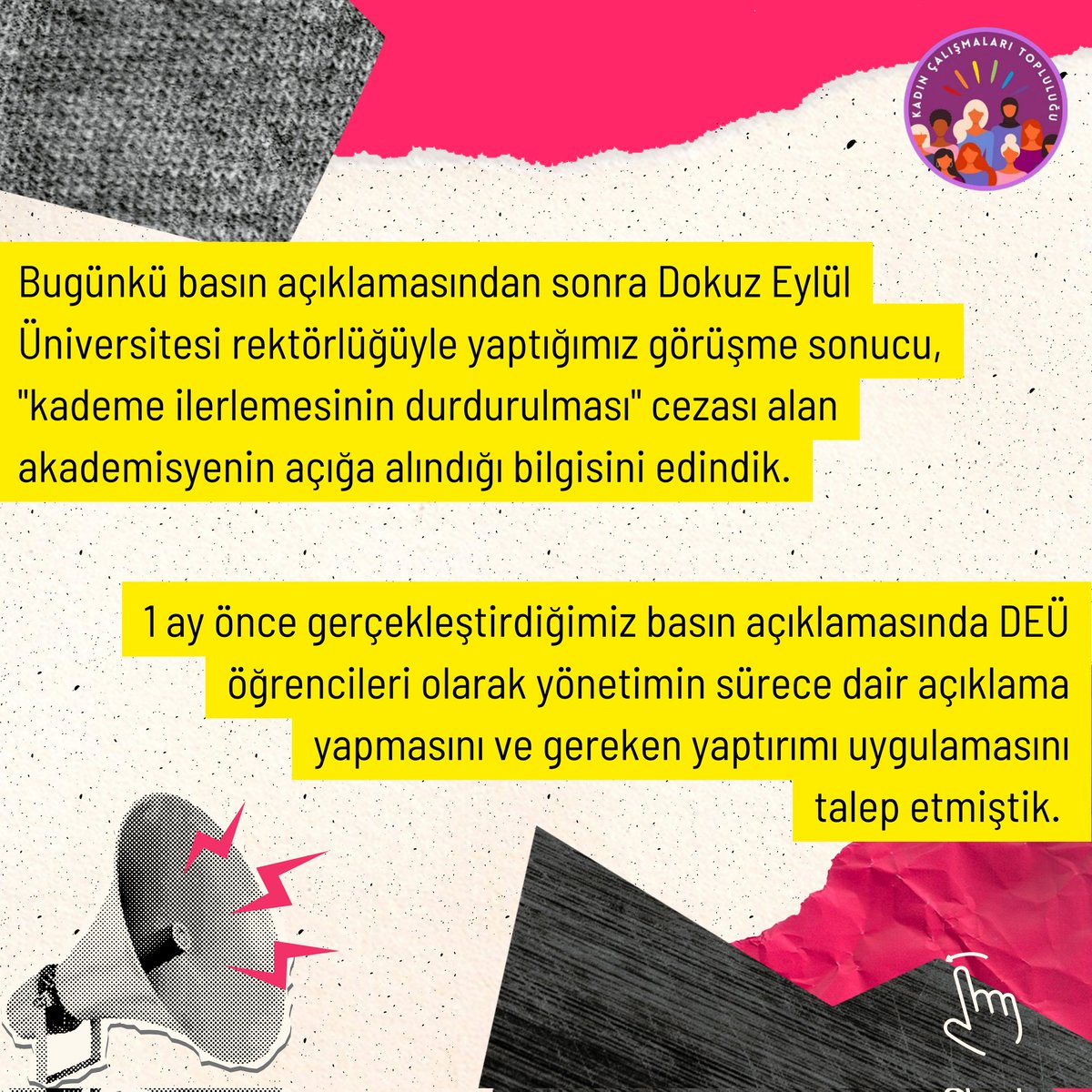 deukadin35's tweet photo. Bugünkü basın açıklamasından sonra DEÜ rektörlüğüyle yaptığımız görüşme sonucu, "kademe ilerlemesinin durdurulması" cezası alan akademisyenin açığa alındığı bilgisini edindik. https://t.co/0xjXrOHzFO