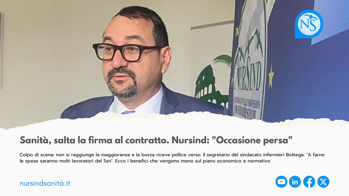 nursindsanita's tweet photo. #Sanità, salta la firma al #contratto. @OfficialNursind: "Occasione persa" - Non si raggiunge la maggioranza e la bozza non passa. Ecco i benefici che vengono meno sul piano economico e normativo -https://t.co/8iHwkgijlU https://t.co/t4p1HEvtgQ