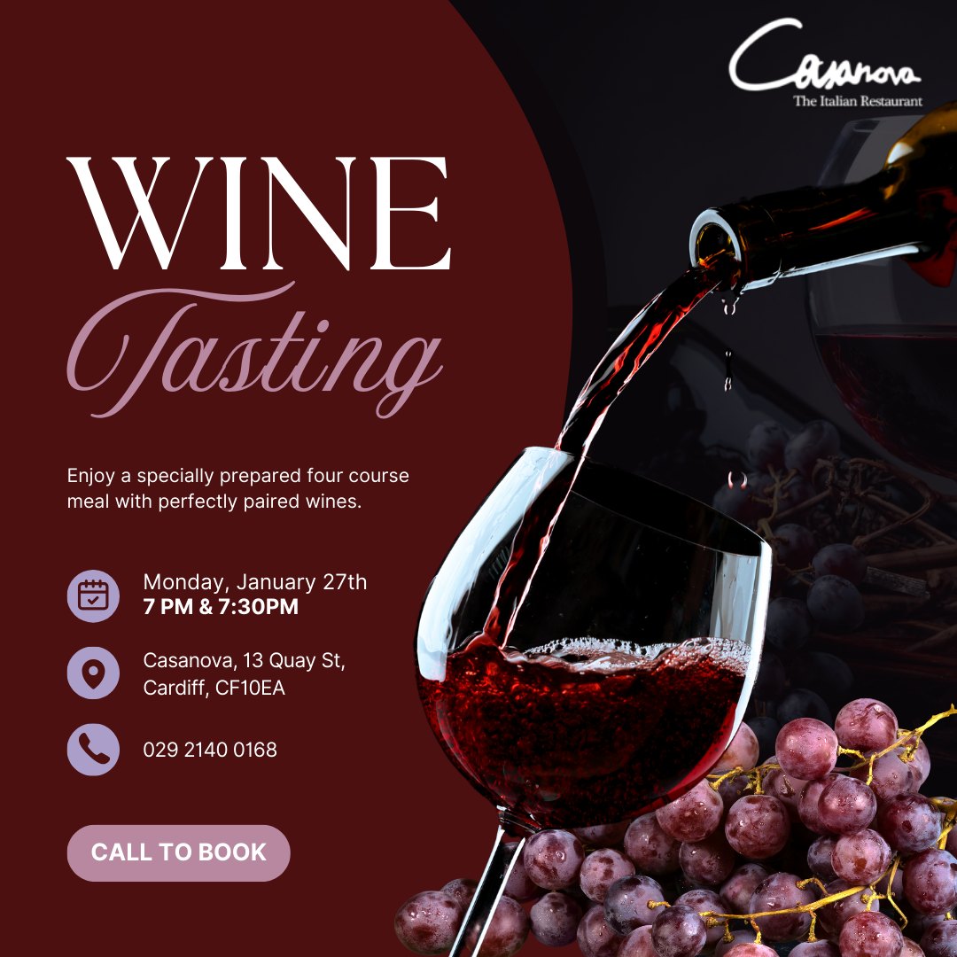 CasanovaCardiff's tweet photo. We're hosting an exclusive #winetasting 27th January. 🍷

Enjoy a specially prepared 4-course meal with matched wines for £60pp. 🍽️

A discount of £10 to your bill for each box of wine purchased is also available! 🙌

Each booking requires a £20 deposit pp.

#cardiff #wine https://t.co/icG5Lp8MUF