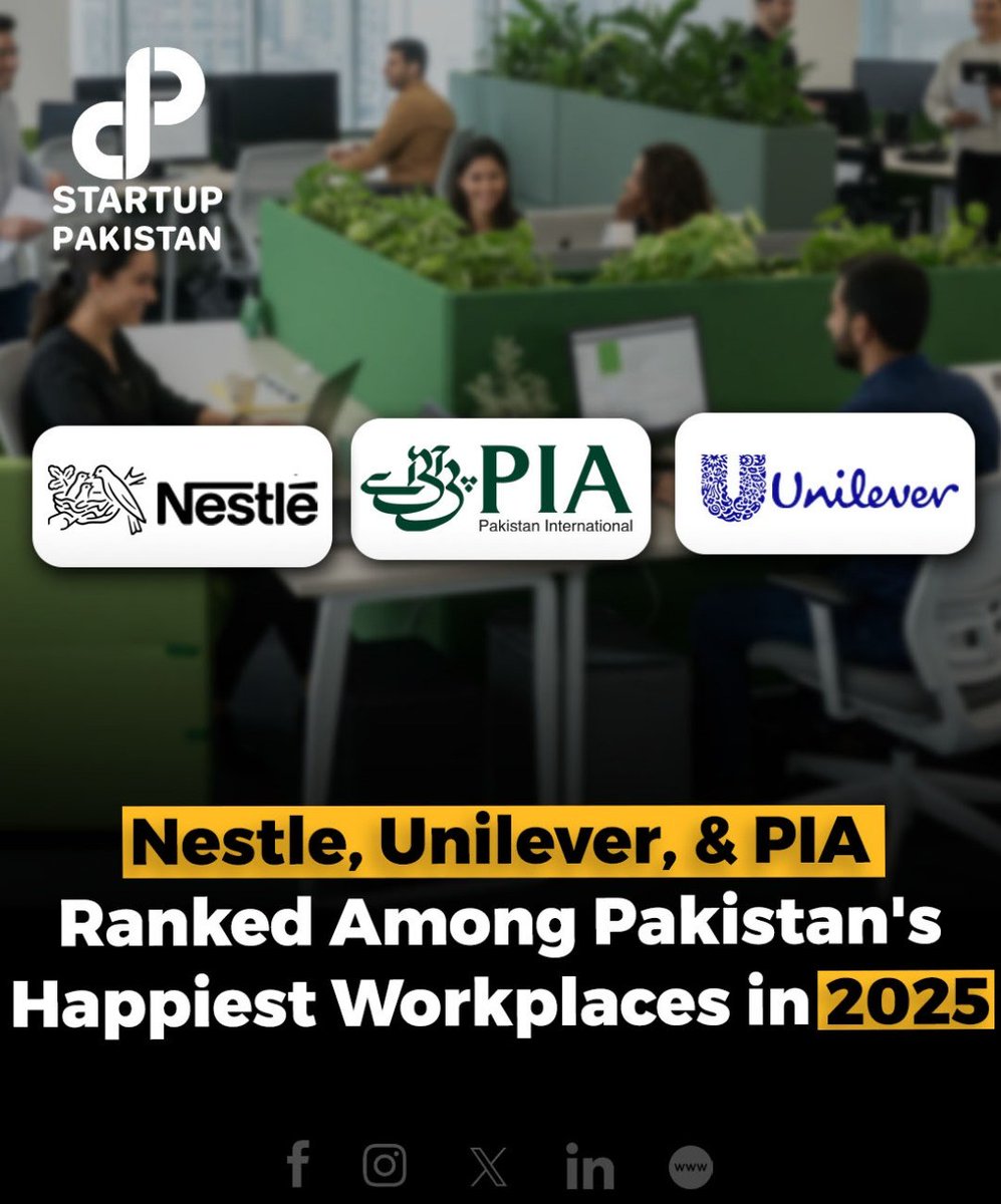 PakStartup's tweet photo. The Worldโs Happiest Workplaces 2025 list has named Nestlรฉ, Unilever, and Pakistan International Airlines (PIA) among the happiest workplaces in Pakistan.
#HappiestWorkplaces #EmployeeHappiness #WorkL #Nestle #Unilever #PIA https://t.co/lGsy4nzycA