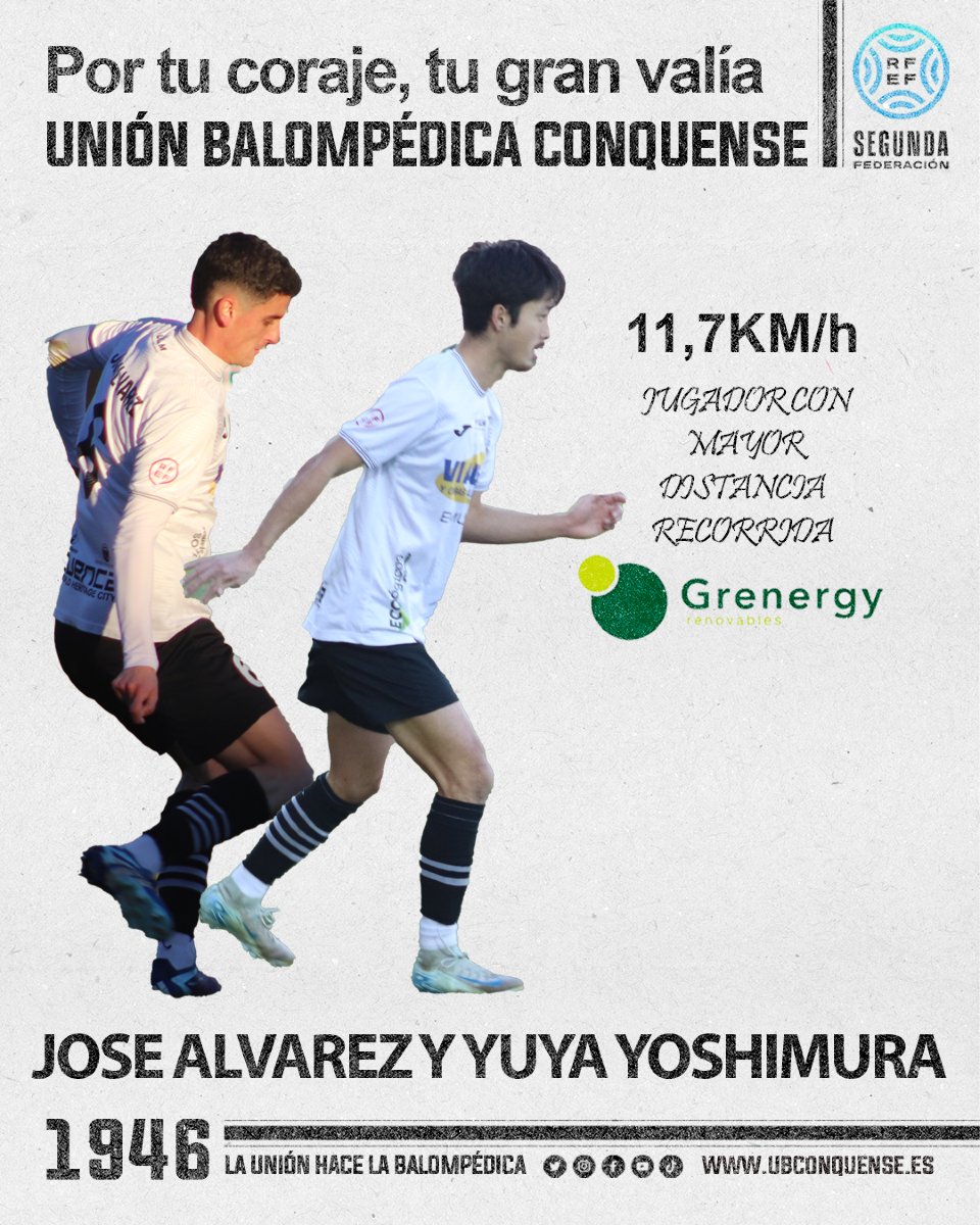 📢 #UBConquense❗ 

Jose Álvarez  y Yuya Yoshimura empatan en este encuentro como jugadores #GrenergyRenovables 🔋⚡🌳 de nuestro último partido de #SegundaRFEF con más kilómetros recorridos!

El esfuerzo de nuestros jugadores gracias a la tecnología de 
<a href="/oliversports_ai/">OLIVER SPORTS</a>

 👌👌👌