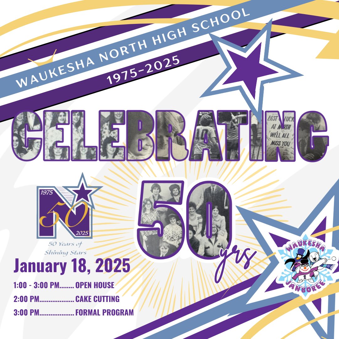In conjunction with the 2025 Waukesha Janboree, Waukesha North has a jam-packed day of activities and fun planned to commemorate its 50th anniversary! Join us this Saturday, January 18, 2025, from 1:00 - 4:00 PM.