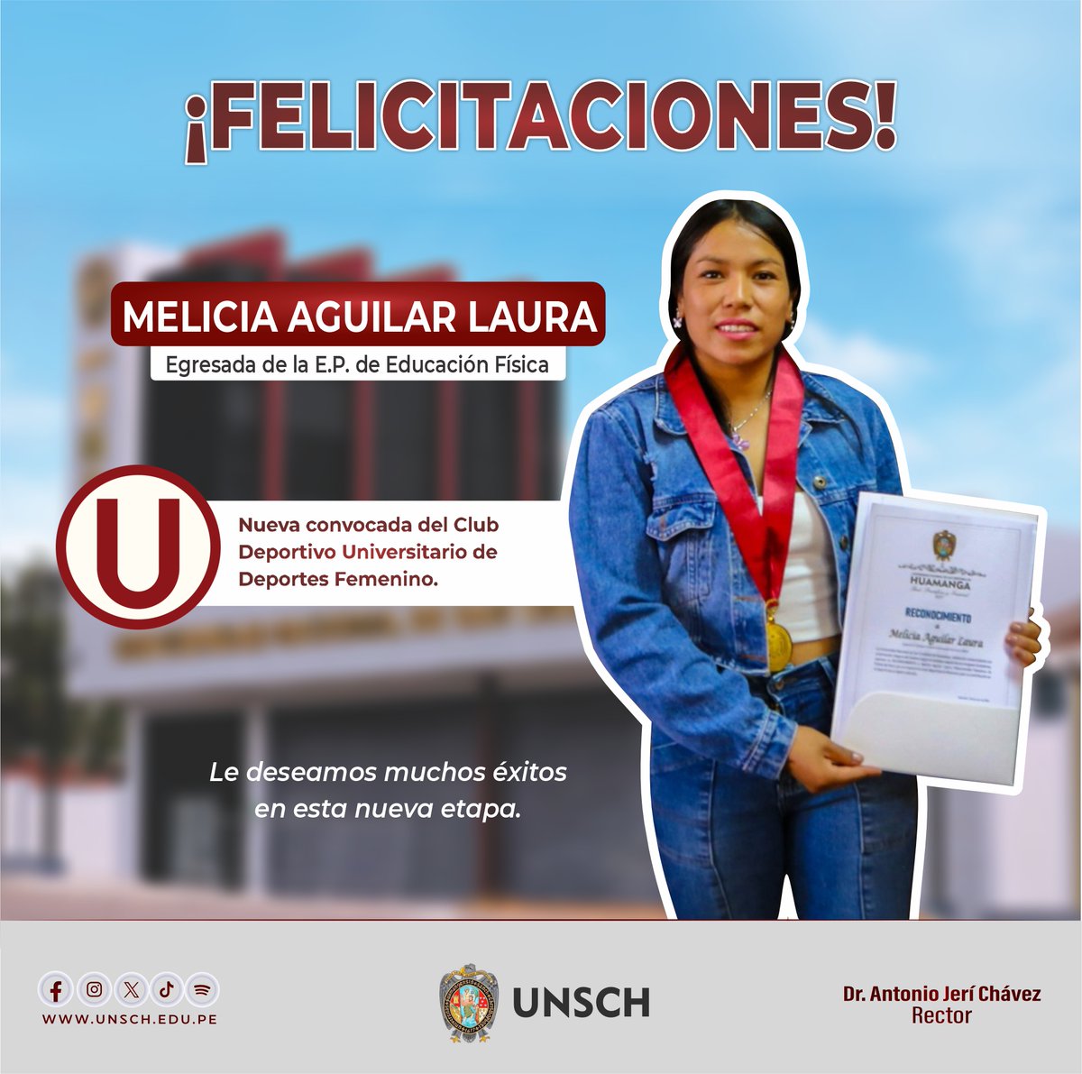 UNSCHoficial's tweet photo. ¡FELICITACIONES MELICIA AGUILAR!
👏Desde la tricentenaria #UNSCH, felicitamos a Melicia Aguilar, egresada de la E.P. de #EducaciónFísica de la UNSCH, por haber sido convocada por el Club @Universitario del @FutFemeninoU , augurándole los mejores éxitos. 👏🥳 https://t.co/ZkV8KfAplJ