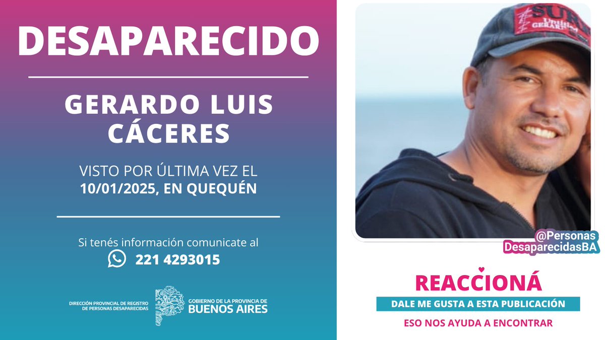 PerDesBsAs's tweet photo. 📣 AYUDANOS A ENCONTRAR A GERARDO LUIS CÁCERES ❗️⚠ Gerardo, de 41 años, fue visto por última vez el viernes 10 de enero, en #Quequén, partido de #Necochea.
ℹ️ Más info➡️ https://t.co/C4eMMKBKCb https://t.co/cG4DHOiMXq