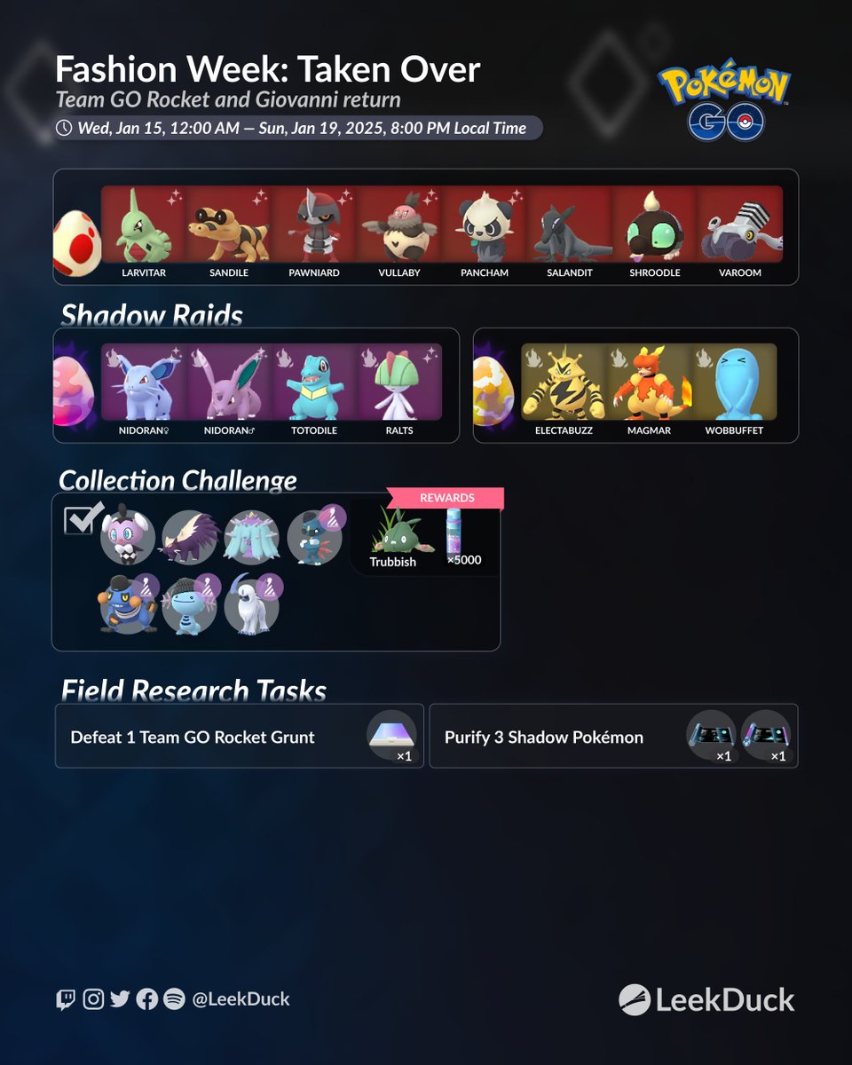 LeekDuck's tweet photo. Fashion Week: Taken Over • Pokémon GO 

Full Details: https://t.co/30WEoOW2aJ https://t.co/J8NUzvqlfj