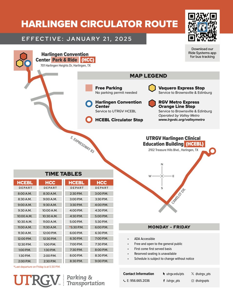 UTRGV_PTS's tweet photo. Effective January 21, 2025, Vaquero Express &amp; Harlingen Circulator will stop at the Harlingen Convention Center, replacing the stop at the Harlingen Soccer Complex.
FREE parking is available at the new stop (no permit required) providing convenient access for your commute! https://t.co/VRzCoXzYDz