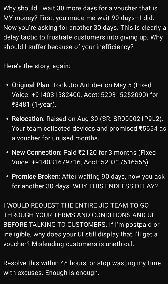 SantoshT96's tweet photo. @JioCare @reliancejio @reliancegroup @JioFiberVoice 

Wow, 120+ days and counting for a simple voucher? Impressive efficiency! Should I mark my calendar for another '30 days' or is this just an open-ended mystery?

#jioscam
#ScamAlert
#justice https://t.co/qkkjGHMM8f