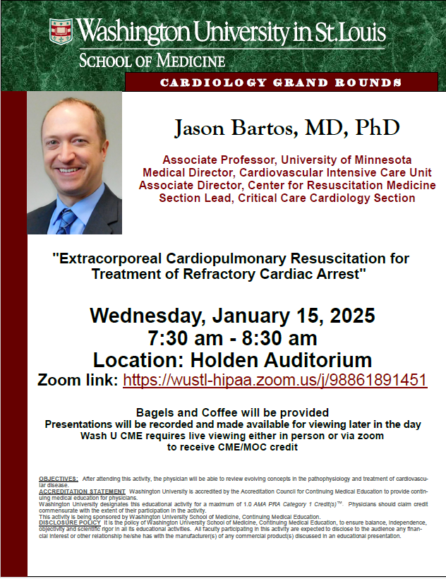 WashUCardiology's tweet photo. Join us for tomorrow's #Cardiology #GrandRounds with Dr. Jason Bartos @jason_bartos of University of Minnesota @umn_dom !
@WashUDeptMed https://t.co/2D4TqeLckl