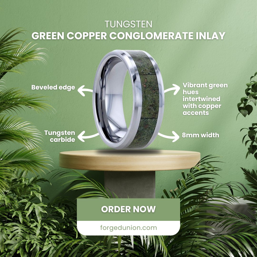 forgedunion's tweet photo. Make a statement with the LIBERTY Tungsten Ring, featuring sleek beveled edges and a vibrant Green Copper Conglomerate Inlay. This 8mm masterpiece combines strength, elegance, and individuality like never before.
#TungstenRing #GreenCopperInlay #BoldElegance  #StatementStyle https://t.co/a6JrjCeud6