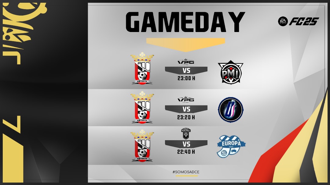 #MatchDay 15/01/2025

📌Miércoles de chute en #EAFC25 !⚽️

🏆<a href="/PLGeFootBall/">PLG España</a>🏆
🆚<a href="/EuropaEsports/">CE Europa eSports</a>
⏰22:40h

🏆<a href="/VPG_Spain/">Virtual Pro Gaming España</a>🏆
🆚<a href="/PMI_eSports/">PMI eSports</a>
⏰23:00h

🏆<a href="/VPG_Spain/">Virtual Pro Gaming España</a>🏆
🆚<a href="/UltraInstinctes/">Ultra Instinct</a>
⏰23:20h

#SomosADCE
<a href="/ADCeuta_FC/">AD CEUTA FC</a> 
<a href="/ADCeutaEsports/">ADCeuta Esports</a>