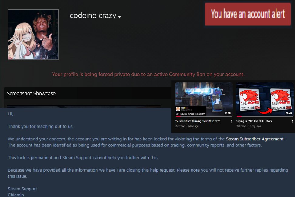 After posting 2 expose videos about CS2 Dupers, CC Fraudsters &amp; Armory Pass Bot Farming. Getting multiple of their accounts banned... My account has been mass reported. 

Steam is auto-responding with a copy &amp; paste message, so not very helpful!

Please retweet for awareness, I