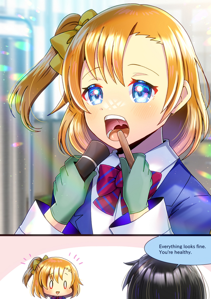 I commissioned ヒヨヨ-sensei <a href="/kou_hiyoyo/">ヒヨヨ@skeb募集中</a> to illustrate Honoka from Love Live getting her throat checked.
I like the result!😊