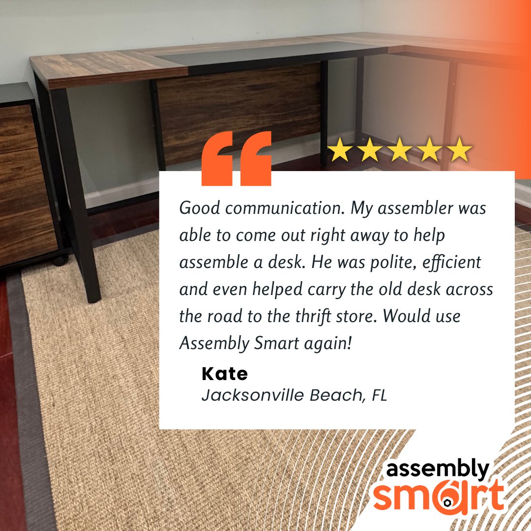assemblysmart's tweet photo. Thank you, Kate from Jacksonville Beach, FL for trusting Assembly Smart!

Looking for Office Desk Assembly in Jacksonville, Jacksonville Beach or Nationwide? Whether it’s a desk or even a swing set, we’re here to make it easy! 🙌🏼

Call (866) 952-3456 or download our app to book! https://t.co/NxidX5MiYX