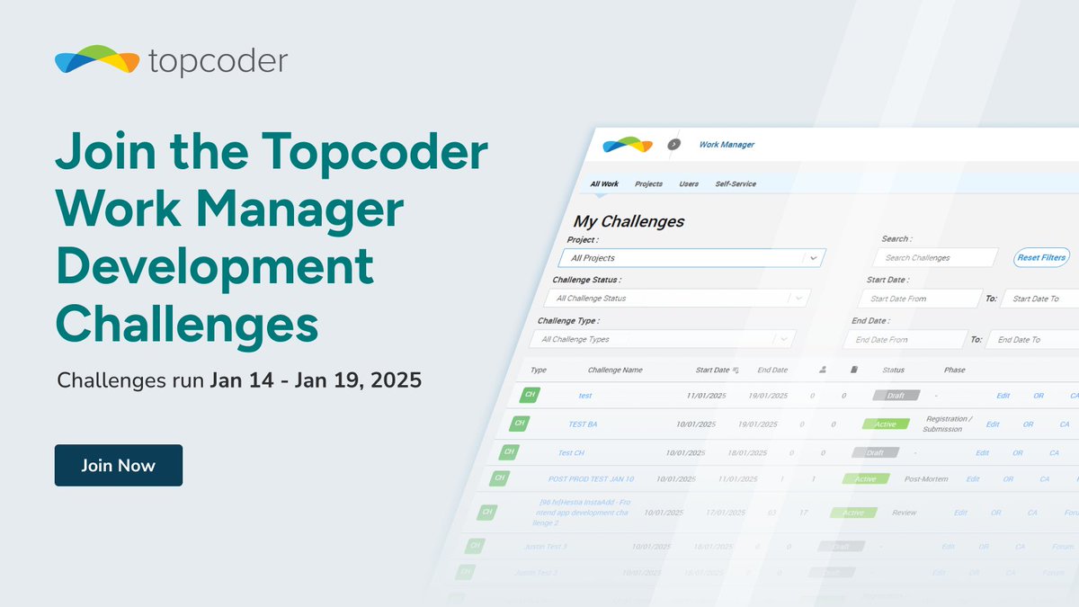Topcoder's tweet image. 🚀 Calling all developers!
Join the Topcoder Work Manager - Billing Account Management &amp; Project Management Functionalitychallenges to enhance the management experience!
Register now – links in comments!
#TopCoder #DeveloperChallenge #WebDevelopment #ProjectManagement