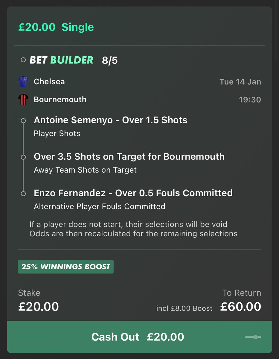 📅 Chelsea vs Bournemouth
💰 £20 returns £60 (Bet365)

Antoine Semenyo shots: 2, 4, 2, 5, 4, 5, 4, 2, 5, 5, 4, 1, 6, 3, 4, 4, 3, 5, 7, 5, 3, 3
✅ Shots vs Chelsea: 3, 3

Bournemouth shots on target: 6, 8, 9, 4, 5, 9, 6, 8, 8, 5
✅ Shots on target vs Chelsea: 7, 5, 4, 4, 4, 5 -