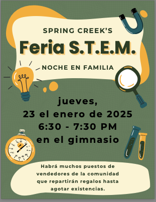 SpringCreekPCSD's tweet photo. Save the date: Our S.T.E.M. Fair Family Night is coming up next week on Thursday, January 23rd, 6:30 - 7:30 pm in the gym.

Guarde la fecha: Nuestra Noche Familiar de la Feria S.T.E.M. es la próxima semana el jueves, 23 de enero, 6:30 - 7:30 pm en el gimnasio. https://t.co/SuNABLK69B