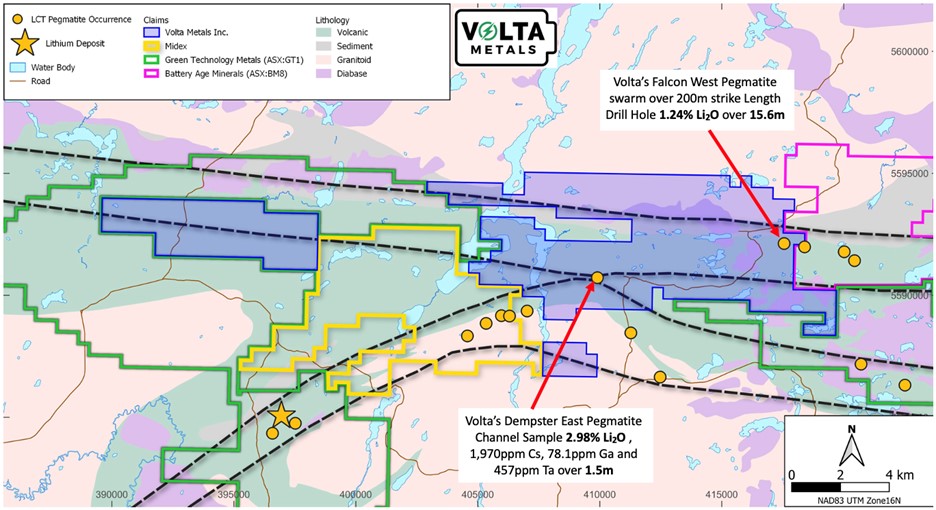 VoltaMetals's tweet photo. Discoveries at Dempster East Pegmatite elevate Volta Metals' ZigZag Project! Channel sampling confirms high-grade lithium (2.98% Li₂O), tantalum (457 ppm), cesium (1,970 ppm), and gallium (78.1 ppm). Exceptional discovery potential in NW Ontario. More: https://t.co/hVAA0PxYrW  $VLTA #LithiumExploration #CriticalMinerals #ZigZagProject