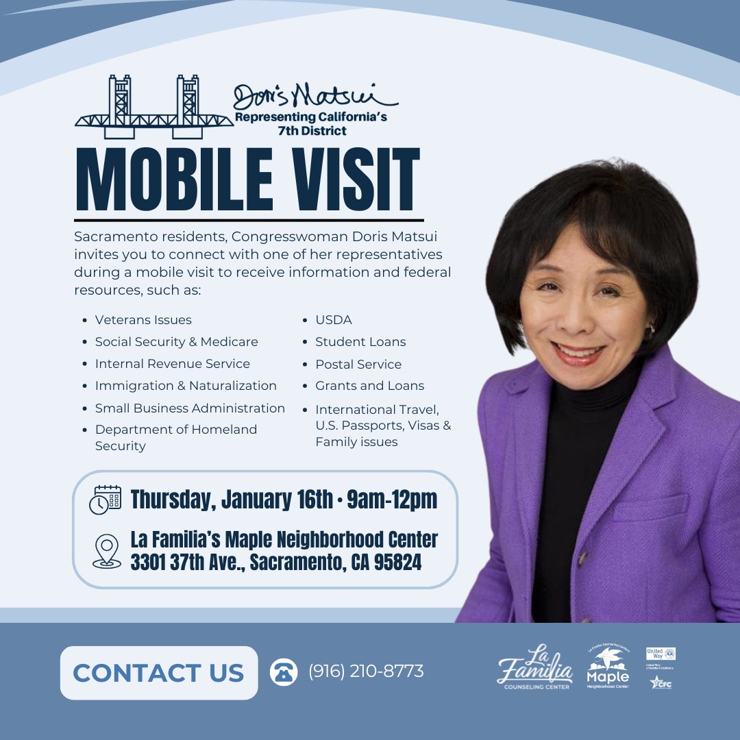 Sacramento Residents – Connect with Congresswoman Doris Matsui’s Team this Thursday, January 16th from 9am to 12pm. Meet with one of her representatives to access valuable resources and information!
