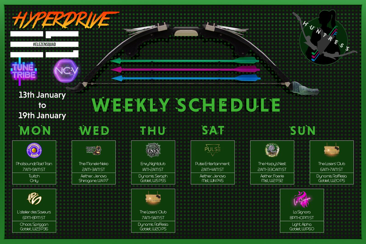 Weekly schedule time :3

<a href="/FFXIVLewdInc/">Lewd Inc.</a> 
@Pulsefc_ffxiv