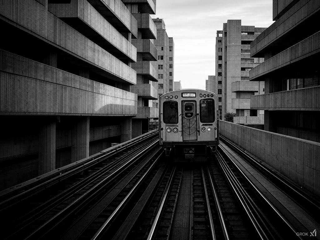 Red brutalist trains.