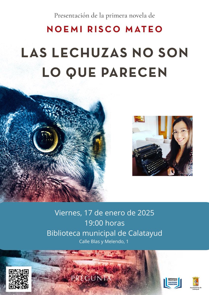 biblioayud's tweet photo. El  próximo viernes, 17 de enero, a las 19:00 horas en nuestra @biblioayud ,  tendrá lugar la presentación del primer libro de la coordinadora de nuestro grupo de lectura Bookspeaking @Noemi_Risco , "Las  lechuzas no son lo que parecen", de la Editorial Pregunta. https://t.co/DQU3Ojrs3F