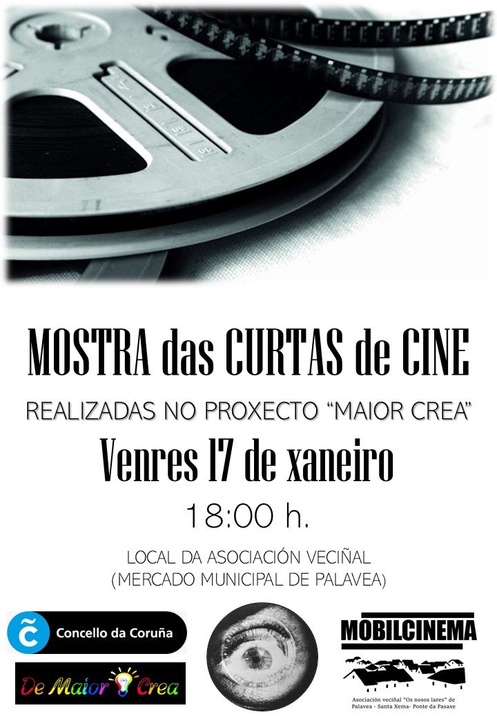 Este venres 19 de xaneiro terá lugar no local da asociación de veciños a mostra das curtas de cine que se crearon durante o proxecto "Maior Crea". Agardámoste ás 18h!! 🎞️📽️