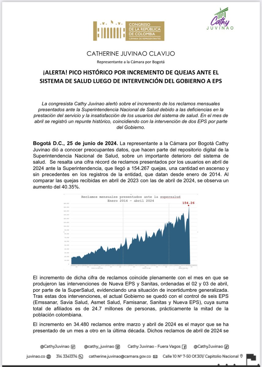 CathyJuvinao's tweet photo. El presidente @petrogustavo inventándose que las quejas en salud bajaron (manipulando datos de fin de año que siempre bajan) cuando 2024 alcanzó picos históricos desde que se tiene registro, es la prueba última de hasta dónde Petro es capaz de llegar y manipular. 

Qué peligro. https://t.co/ovqagLUDPd