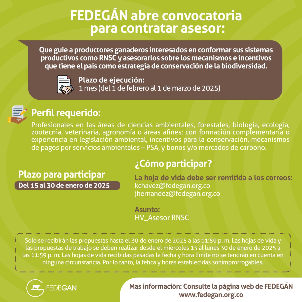 En FEDEGÁN 📣 ¡Sí hay trabajo! 📣

Estamos buscando un ASESOR para guiar a productores ganaderos interesados en conformar sus sistemas productivos como RNSC y asesorarlos sobre los mecanismos e incentivos que tiene el país como estrategia de conservación de la biodiversidad.

📌