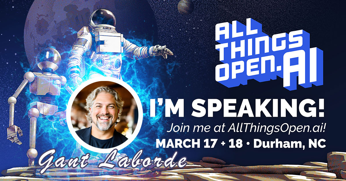 Gant Laborde 🇺🇦 (@gantlaborde) on Twitter photo ✨ Announcement: I’ll be speaking at All Things Open AI! ✨
It’s funny -- I’ve been around the world, but this is my first time going to Durham, NC. I’ll be there March 17-18 - who else is going?
Please retweet, I want to connect with folks who will be there!cc: <a href="/AllThingsOpen/">All Things Open</a> ✨ Announcement: I’ll be speaking at All Things Open AI! ✨
It’s funny -- I’ve been around the world, but this is my first time going to Durham, NC. I’ll be there March 17-18 - who else is going?
Please retweet, I want to connect with folks who will be there!cc: <a href="/AllThingsOpen/">All Things Open</a>