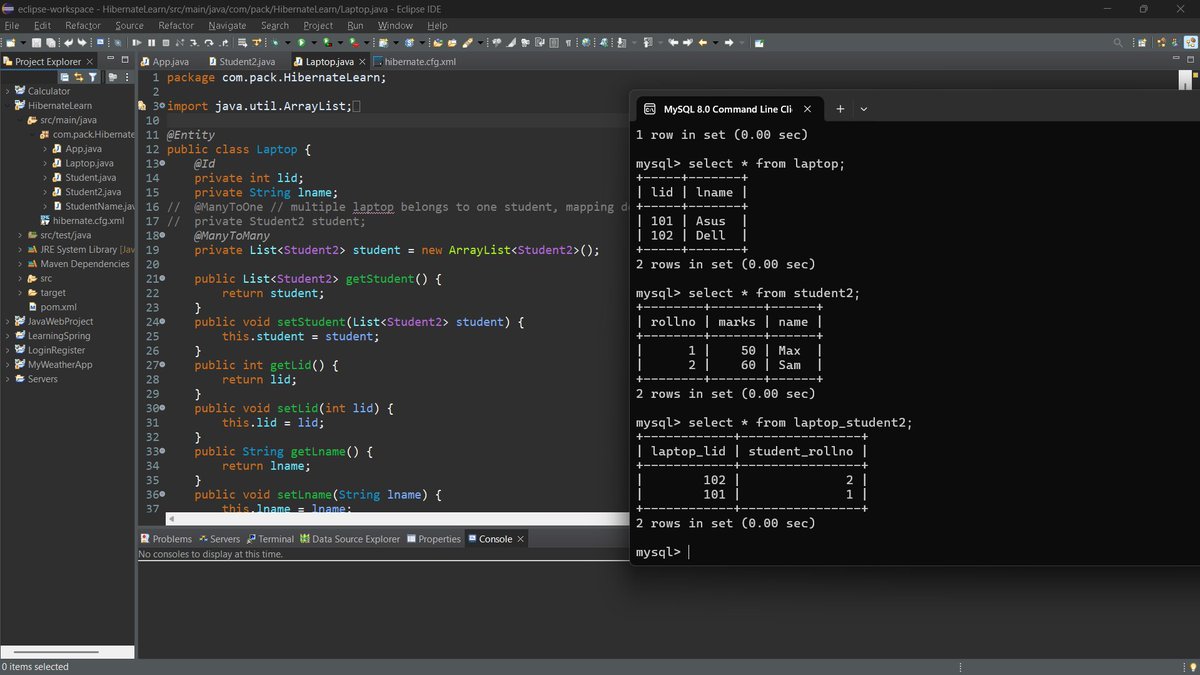Chaitanya13107's tweet photo. 🚀 Day 76 of #150dayslevelup by @siamjuit!

🔹 Implemented many-to-many relationship between tables in Hibernate.
🔹 Studied lazy and eager fetching methods to optimize data retrieval from the database.
#Hibernate #Java #ORM #DatabaseRelations #CodingJourney https://t.co/2KETH1cBGi