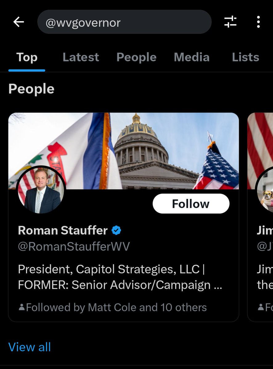 trueglib's tweet photo. Here is the first search result. The @wvgovernor account can be found by scrolling 7 accounts to the right. #metaphoric https://t.co/bW2yRnVIaI