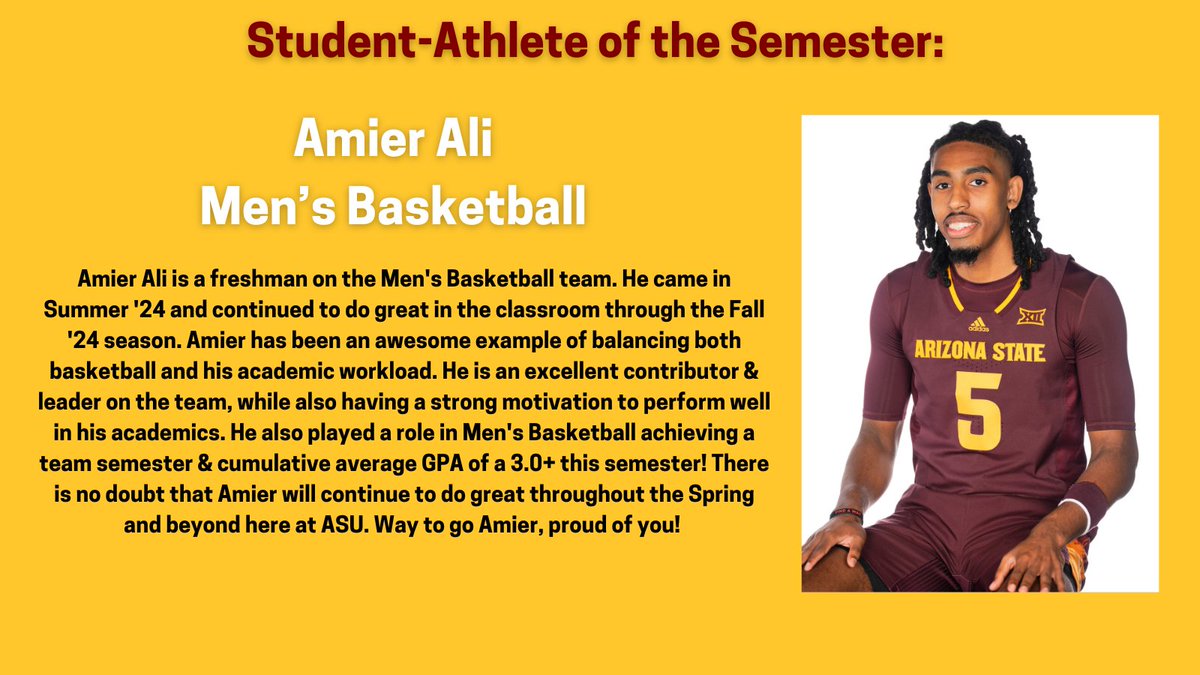 Sun Devil OSAD (@sundevil_osad) on Twitter photo Our first Student-Athlete of the Fall 2024 Semester is Amier Ali from <a href="/SunDevilHoops/">Sun Devil MBB</a>! You were chosen because of your work ethic in the classroom and on the court. We are so proud of you here at OSAD. Keep up the good work, Amier! <a href="/TheSunDevils/">Arizona State Sun Devils</a> #O2V! Our first Student-Athlete of the Fall 2024 Semester is Amier Ali from <a href="/SunDevilHoops/">Sun Devil MBB</a>! You were chosen because of your work ethic in the classroom and on the court. We are so proud of you here at OSAD. Keep up the good work, Amier! <a href="/TheSunDevils/">Arizona State Sun Devils</a> #O2V!
