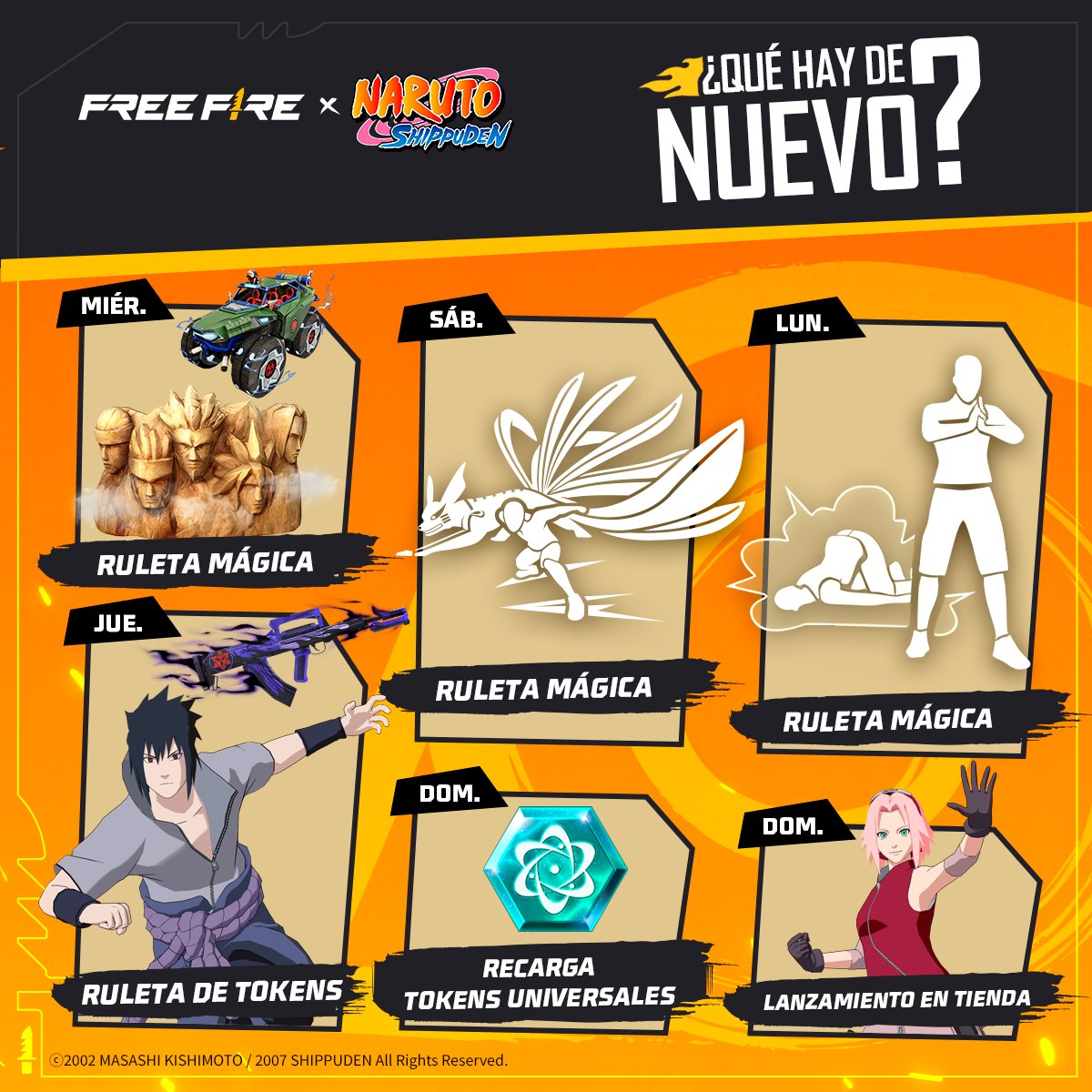freefirelatino's tweet photo. 📕¡LA #AGENDASEMANAL ESTÁ AQUÍ!📕

⚡El conjunto Sasuke ha llegado #FFxNARUTOSHIPPUDEN

🧍🧍 Practica el Jutsu Clones de Sombra, 🦊aterriza como MVP  junto con el Nueve Colas y 🧱protégete con la pared de los Hokages.

❓¿Cuál equiparás primero?
#FreeFire #Naruto https://t.co/g2EcPURRbP