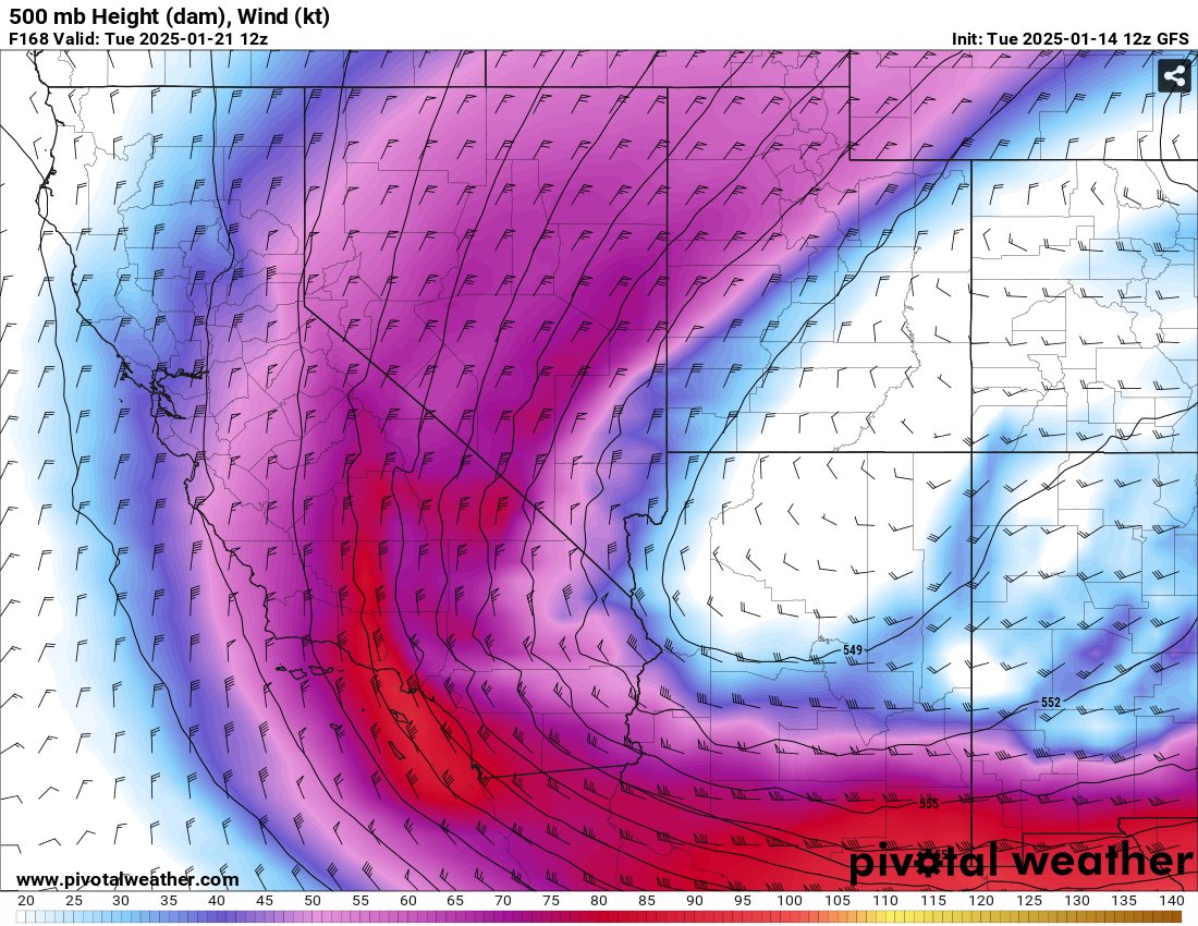 mn_storm's tweet photo. The 12z runs of the GFS and ECWMF show a concerning Santa Ana wind setup early next week. Both have a strong northerly mid-level jet positioned over the LA area similar to the Jan 7th event. The event appears to be especially strong on ECWMF. #cawx #cafire https://t.co/P0g5vIp2lX