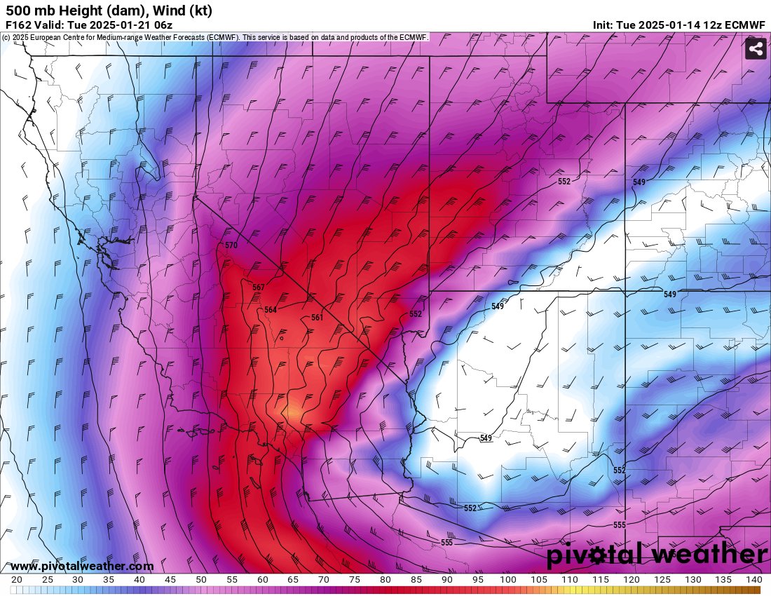 mn_storm's tweet photo. The 12z runs of the GFS and ECWMF show a concerning Santa Ana wind setup early next week. Both have a strong northerly mid-level jet positioned over the LA area similar to the Jan 7th event. The event appears to be especially strong on ECWMF. #cawx #cafire https://t.co/P0g5vIp2lX