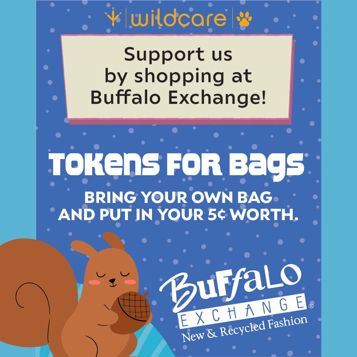 Great news! 

WildCare has been selected as a recipient of the Buffalo Exchange Tokens for Bags® program, so you can help support WildCare and our mission just by shopping at the San Francisco Haight st. store through June 2025. 

Stop in to shop and drop us a token! 🪙