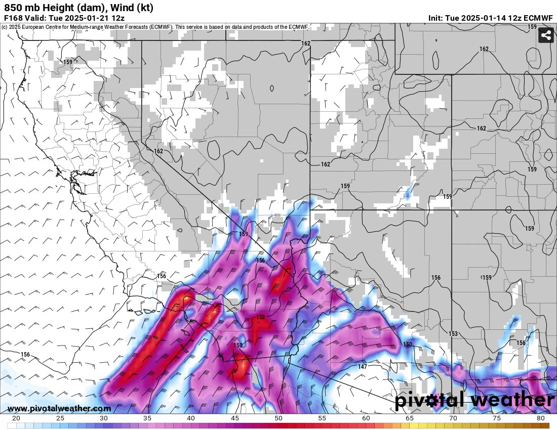 mn_storm's tweet photo. The 12z runs of the GFS and ECWMF show a concerning Santa Ana wind setup early next week. Both have a strong northerly mid-level jet positioned over the LA area similar to the Jan 7th event. The event appears to be especially strong on ECWMF. #cawx #cafire https://t.co/P0g5vIp2lX