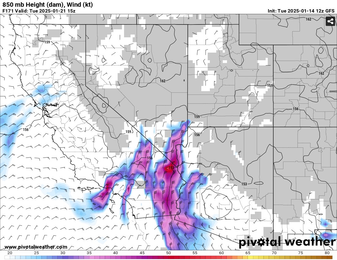 mn_storm's tweet photo. The 12z runs of the GFS and ECWMF show a concerning Santa Ana wind setup early next week. Both have a strong northerly mid-level jet positioned over the LA area similar to the Jan 7th event. The event appears to be especially strong on ECWMF. #cawx #cafire https://t.co/P0g5vIp2lX