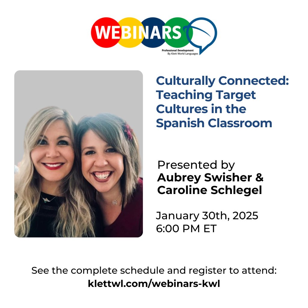 Join us for our first webinar of 2025! 💬 Culturally Connected: Teaching Target Cultures in the Spanish Classroom

⏰ Jan 30, 2025, at 6 PM ET

🔗 Register for free here: ow.ly/Rwv750UFVh8