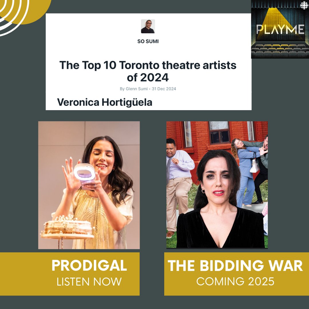 Shoutout post! 
We're big fans of Veronica Hortigüela, and this year she's on Glenn Sumi's top 10 theatre artists list! Listen to Veronica's hilarious performance in Prodigal today, and get excited to hear her this coming season in The Bidding War 🤩
lnk.to/PlayMeCBC